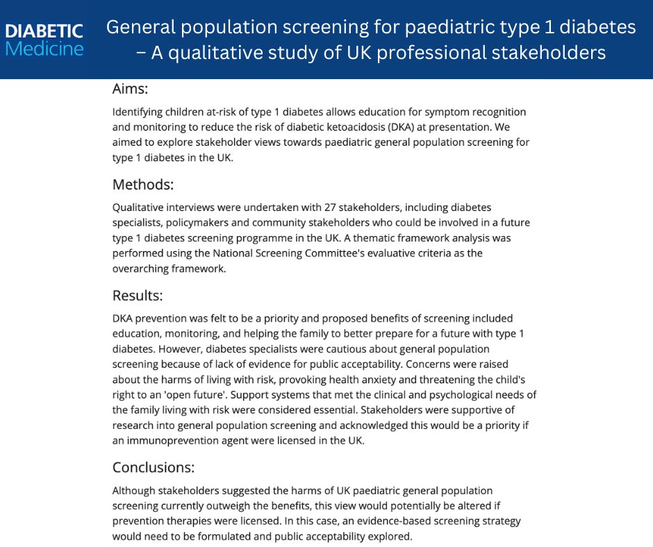 New article on general population screening for paediatric #t1diabetes, a first qualitative interview study to explore the views of #diabetes specialists, policymakers and community stakeholders in the  UK towards screening for #t1d in paediatrics. 

onlinelibrary.wiley.com/doi/abs/10.111…
