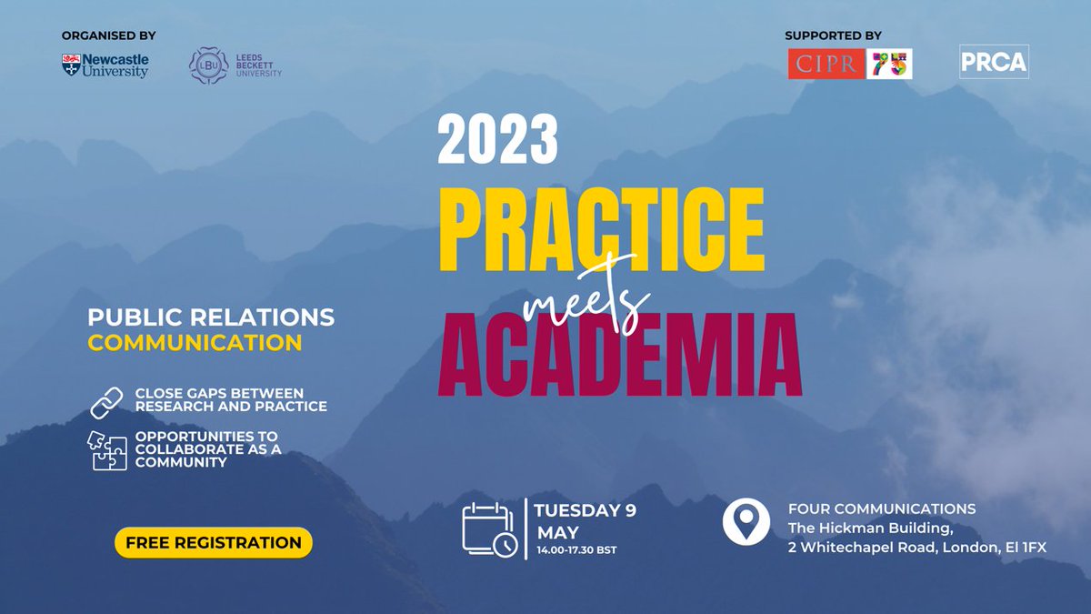 UniofNewcastle's tweet photo. Don't miss today's #PRacticeMeetsAcademia conference, organised by our University in collaboration with @LeedsBizSchool, supported by @CIPR_Global and @PRCA_HQ, the #PRConference is all about bridging the gap between PR practice and academia https://t.co/zlBfcNEaqo https://t.co/3FIVqE17zB