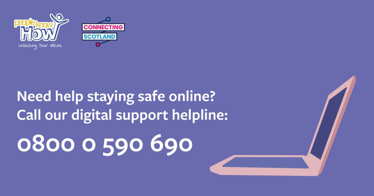 Need help staying safe online? 

Call our digital support helpline 📞:

0800 0 590 690

You can also get in-person digital support in #Edinburgh and #EastLothian at one of our digital groups. Find your nearest group at:
peopleknowhow.org/reconnect

#ConnectingScotland #DigitalSupport