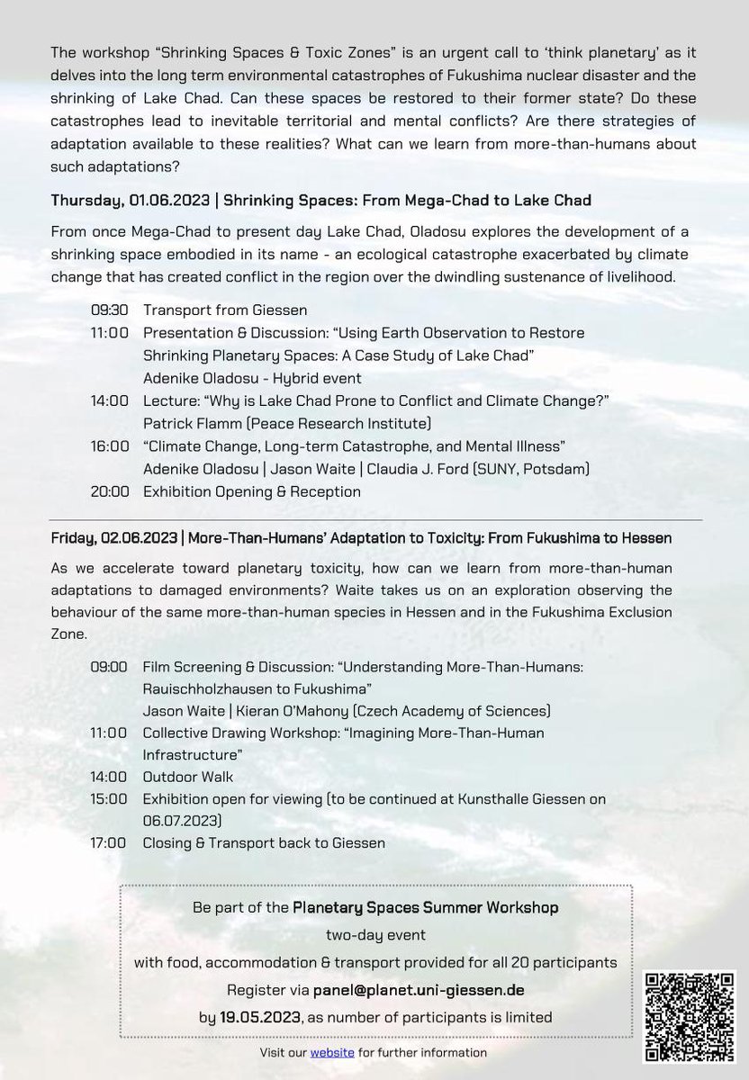 planetarypanel's tweet photo. June 1 &amp; 2, we will learn about the shrinking of #LakeChad and the adaptation of wildlife to #fukushima exclusion zone from @the_ecofeminist &amp; Jason Waite! Register for the #PlanetarySpaces Summer Workshop at castle Rauischholzhausen by May 19 https://t.co/53IqkNSAnT #jlugiessen https://t.co/HlFgaeyndN