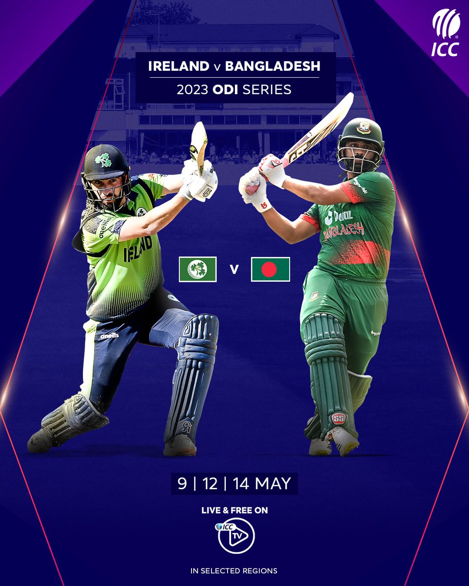 ICC's tweet photo. The @cricketworldcup Super League comes to a conclusion as Ireland take on Bangladesh in a high-stakes series 👊 

Watch all the action from the three ODIs LIVE and FREE on https://t.co/F4QZcjJoDV 📺

Series preview 👉 https://t.co/XukNzXQ8RT https://t.co/9w7XviWa9v