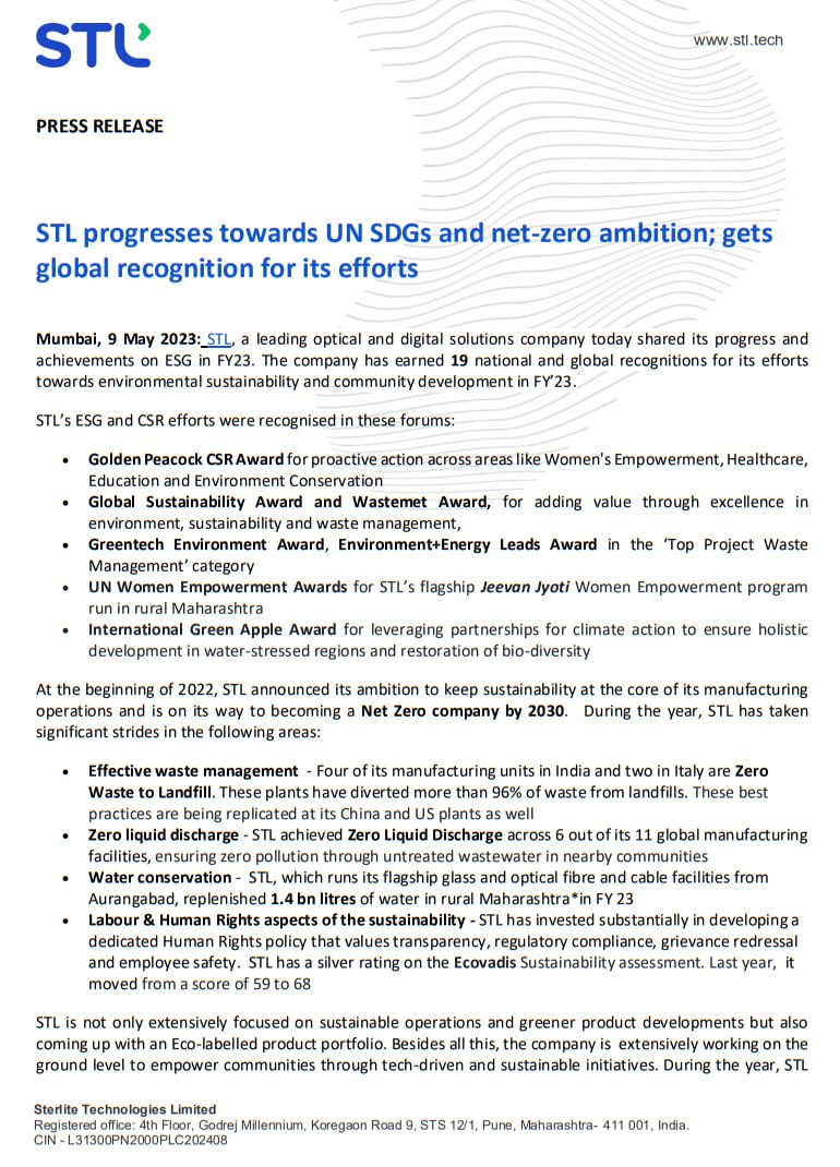 MarketVedantA's tweet photo. STL progresses towards UN SDGs and net-zero ambition; gets global recognition for its efforts

#STL #progresses #towards #UN_SDGs #net_zero #ambition #global #recognition #efforts https://t.co/4RroBa1aPT