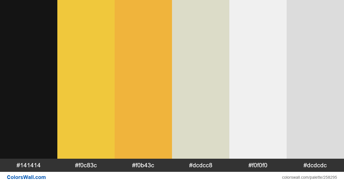 colorswall's tweet photo. Design color science editorial hex colors #141414, #f0c83c, #f0b43c, #dcdcc8, #f0f0f0, #dcdcdc #colors #palette https://t.co/KVs7gehLd0 https://t.co/AfWTVmf4Zu