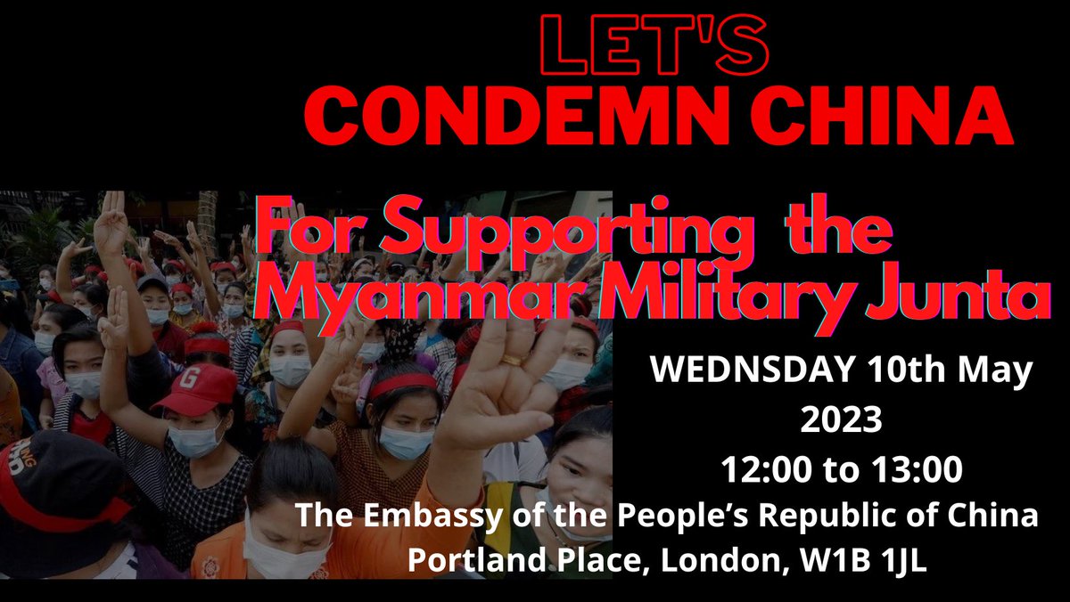 LwinMclay's tweet photo. URGENT: Chinese govt supporting fascist terrorists in Myanmar. If China backs murderers, they're accomplices of violence. UK-based Myanmar ethnic group holding protest at Chinese Embassy in London. Join us to demand China stops supporting terrorists. 
#CrimesAgainsHumanity https://t.co/ZrhK9gEUme