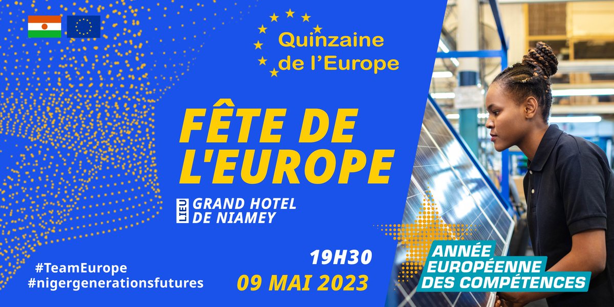 dueniger's tweet photo. Quinzaine de l’#Europe au 🇳🇪:
@dueniger &amp; les États membres de l'🇪🇺, organisent une "Quinzaine de l'Europe" du 9 au 30 mai 2023. Plusieurs activités sont prévues.  Restez connectés ! Joignez-vous à nous pour célébrer l’Europe! #EuropeDay2023 
#TeamEurope 
#nigergenerationsfutures https://t.co/4poyQ9qMYn