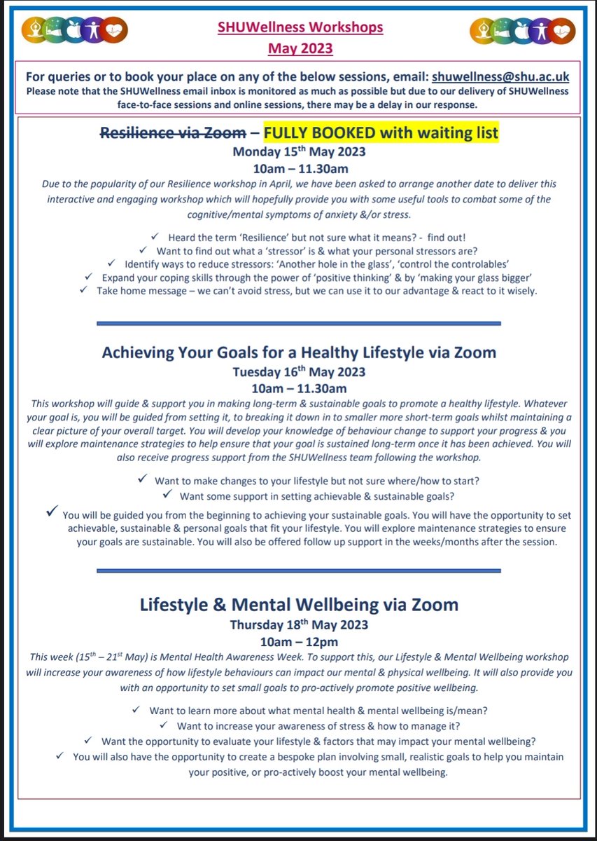 We currently have spaces available on the following workshops next week:
-Achieving your goals for a health lifestyle (Tues 16th, 10am - 11.30am)
- Lifestyle &amp; Mental wellbeing (Thurs 18th, 10am - 12pm)
FREE to <a href="/HallamStaff/">HallamStaff</a> DM us or email shuwellness@shu.ac.uk