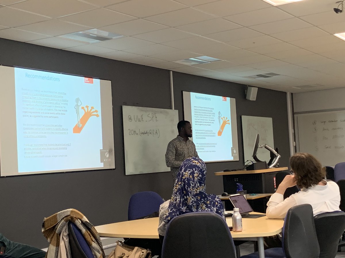 UWE_SPE's tweet photo. Next @samkyei__ presents his preliminary findings on the barriers and enablers for students using greenspace. https://t.co/TzyrCuZzMY