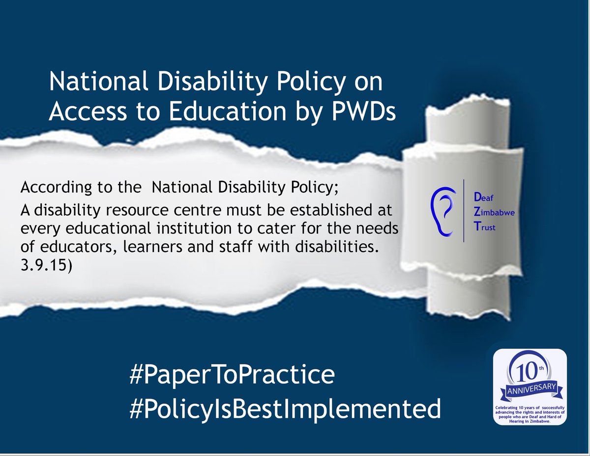 DeafZimTrust's tweet photo. Did you know that according to the National Disability Policy;
A disability resource centre must be established at every educational institution to cater for the needs of educators, learners and staff with disabilities. (3.9.15)
#papertopractice
#PolicyIsBestImplemented
@OMpslsw https://t.co/jDXsrBzw1N