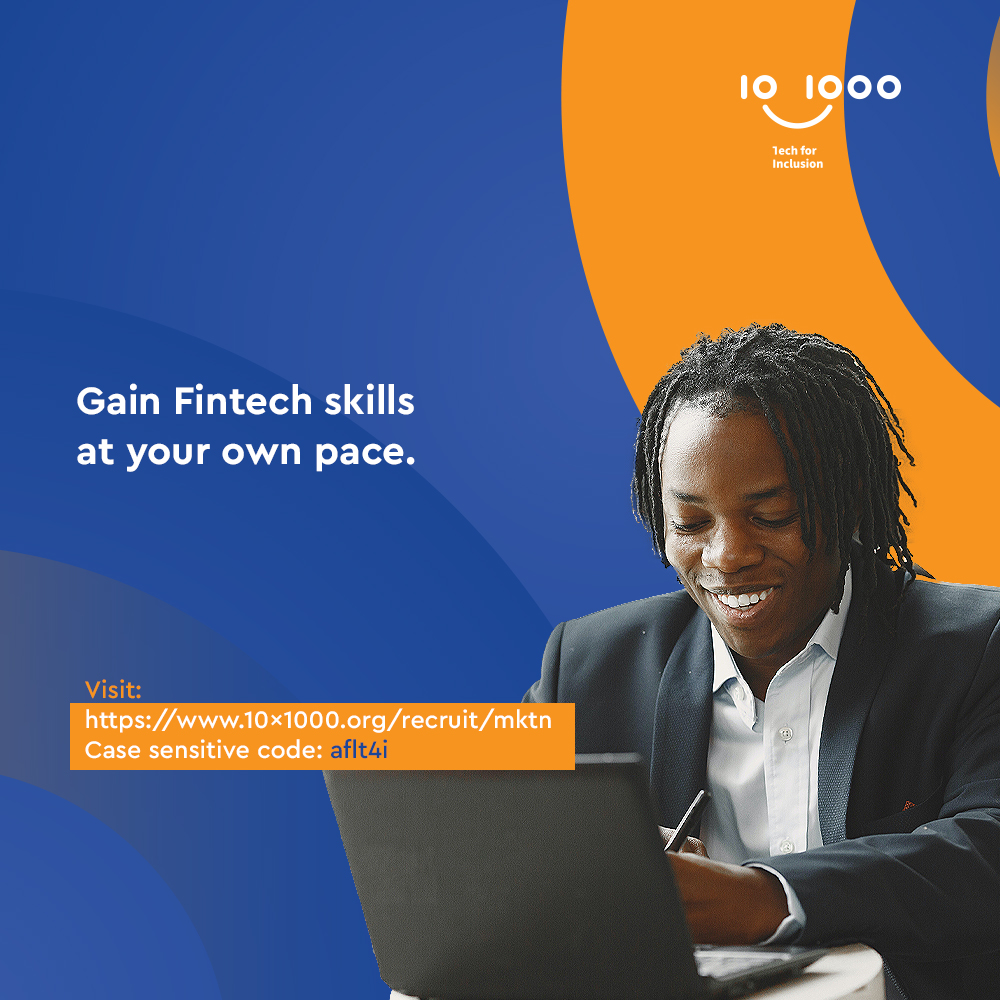 Calling all emerging talents and tech leaders! Don't miss out on the 10x1000 Tech for Inclusion program by IFC and Alipay. Learn at your own pace with the 10x1000 Flex model.

Apply now using code aflt4i at 10x1000.org/recruit/mktn.

#10X1000 #10X1000FlexPrograms #Fintech #IFC