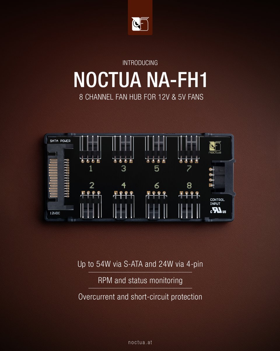 Presenting the NA-FH1 eight channel PWM fan hub: a safe, dependable quality device for powering and controlling up to eight fans! noctua.at/en/noctua-pres…