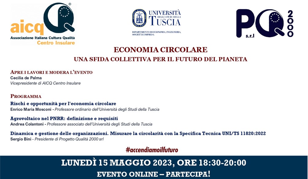aicq_ci's tweet photo. Lunedì 15 maggio ore 18.30 insieme a Enrico Maria Mosconi, Andrea Colantoni e Sergio BINI parliamo di Economia Circolare. Prenotazioni: infosoci@aicqci.it
#economiacircolare #svilupposostenibile #accendiamoilfuturo #FestivalSviluppoSostenibile #Agenda2030  #aicqcentroinsulare https://t.co/m4u56F6TiJ