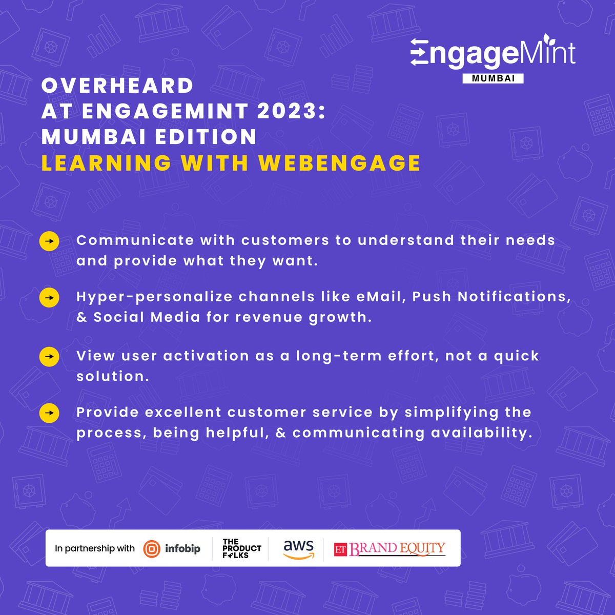 WebEngage's tweet image. EngageMint 2023: Mumbai Edition was a wild ride! With 5 tracks, 35+ sessions, and 50+ speakers, we got the scoop on the latest in MarTech, Customer Engagement, and Retention. 📝

Missed out on the action?  Check out the highlights below! 👇

#EngageMint2023 🚀
