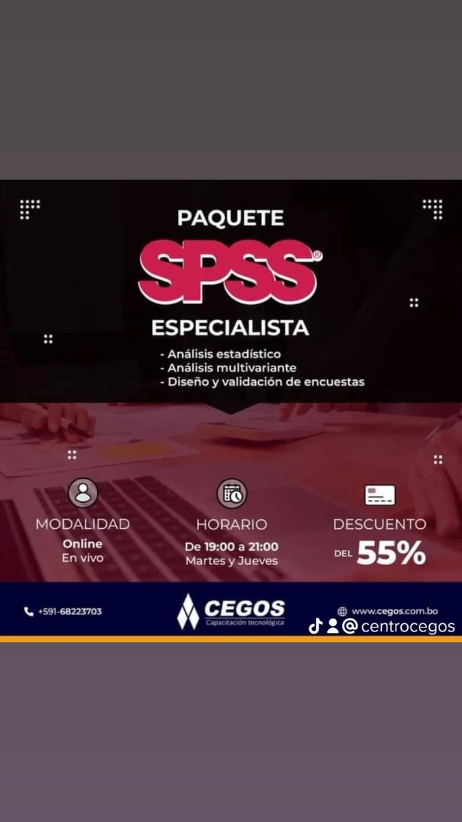 ¡Aprende análisis estadístico con SPSS!
📅 FECHA DE INICIO: Martes 23 de Mayo
🕛 HORARIO: 19:00 a 21:00 (Martes y Jueves)
💻 MODALIDAD: Online - En vivo
⏳ DURACIÓN: 36 horas (3 meses aprox.)
💳 INVERSIÓN: 788 Bs. (55% de descuento)
📋 PLAN DE PAGOS: 2 cuotas mensuales de 394 Bs.
