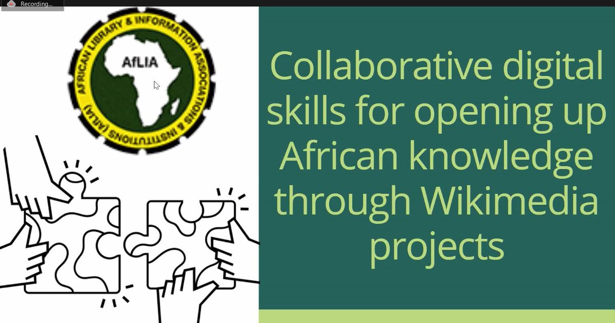Collaborative digital skills for opening up African knowledge through Wikimedia projects – Pt 2 

The 3rd in the series of webinars meant to prepare African library and information workers towards #AfLibWk 4.0 #1Lib1Ref starts in 20 mins. Connect now!!!! web.aflia.net/aflibwk-4-0-we…