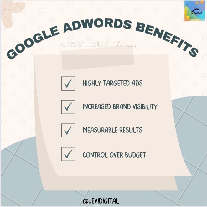 Benefits of Google AdWords
#GoogleAdWords #PPC
#SearchAdvertising
#OnlineAdvertising #DigitalMarketing
#SearchEngineMarketing #SEM
#OnlineMarketing #ROI
#LeadGeneration
#TargetedAdvertising
#PayPerClick #GoogleAds
#AdWordsBenefits #IncreaseVisibility #DriveTraffic #jevidigital