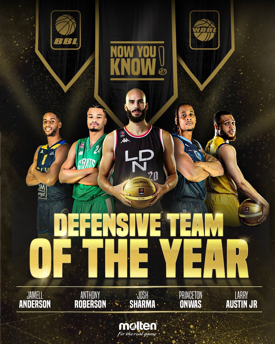 🏆 Congratulations to <a href="/Josharma20/">Josh Sharma</a>, <a href="/BUCKETS_AnT21/">Anthony Roberson</a>, <a href="/Jamell/">Jamell Anderson</a>, <a href="/LarryAustinJr/">Larry Austin Jr.</a> and Princeton Onwas who have been named in the <a href="/MoltenSports/">MoltenSports</a> Defensive Team of the Year!

📲FULL STORY: bbl.org.uk/molten-defensi…

#NowYouKnow #BritishBasketball