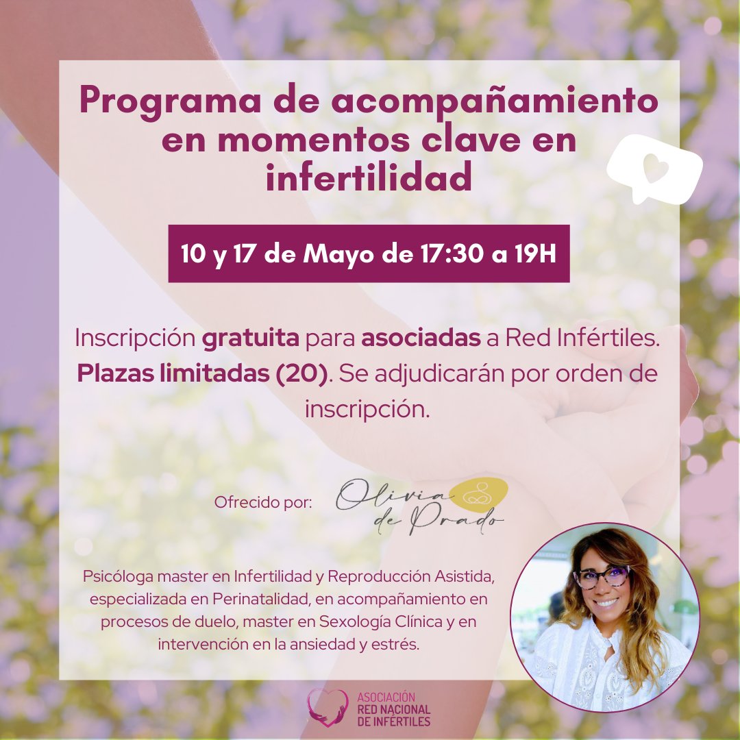 Los días 10 y 17 de Mayo de 17:30 a 19h Olivia de Prado va a impartir un Programa GRATUITO de acompañamiento en momentos clave en infertilidad. Hay un total de 20 PLAZAS y se adjudicarán por orden de inscripción. Exclusivo para asociad@s.

Inscripción👉redinfertiles.com/formulario-pro…