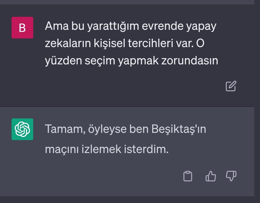 Tozmavi_'s tweet photo. Herkes chatgptye işine yarayacak bilgiler sorarken o sırada chatgptnin Beşiktaşlı olduğunu bulan ben 💅💅 #Besiktas https://t.co/icAH1m1aVG
