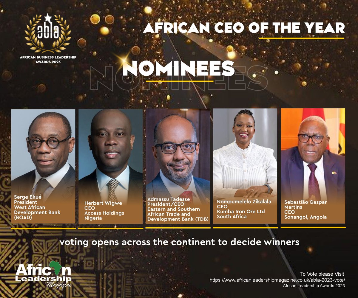 AfricanLM's tweet photo. Meet #ABLA nominees for the African CEO of the year Award category.
@ekuese of #WADB | @Herbertwigwe of @myaccessbank | @AdmassuTadesse of #TDB | Numpumelelo Zikalala of Kumba iron ore | Sabastialo Gaspar of @sonangoloficial
Click to vote https://t.co/3vQVR9KxOP https://t.co/tLtDl6I4mM