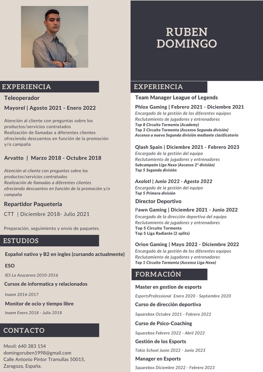 ¡Estoy en búsqueda activa de empleo!

Busco volver a trabajar en el apartado deportivo de un club, abierto a otros roles como gestor de proyectos o arbitro en ligas.
 
Conocimiento pleno de la industria de los videojuegos y sus competiciones.

Contacto: domingoruben1998@gmail.com