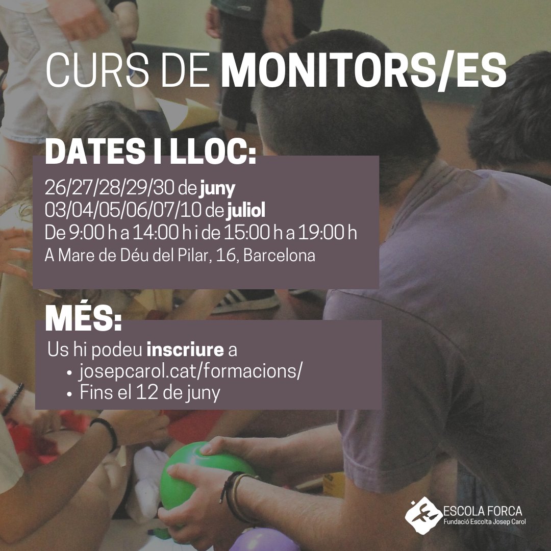 FundacioEJC's tweet photo. #EscolaForca | 🌻 Vols ser monitor/a o director/a de lleure?

Aprofita els mesos de juny i juliol per formar-te en un curs intensiu amb l'Escola Forca.
📍A la nostra seu, a Barcelona

🔗https://t.co/4JrGiIuWE2
#educarpertransformar #educaciolleure #cursdemonis #cursdedires https://t.co/SJ38WQHOF3