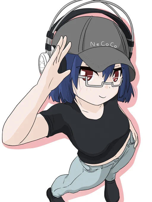 <おっす! <いつもと違う服だ!動きやすそう!  #創作 #オリキャラ #ネコとイヌとメガネっ娘