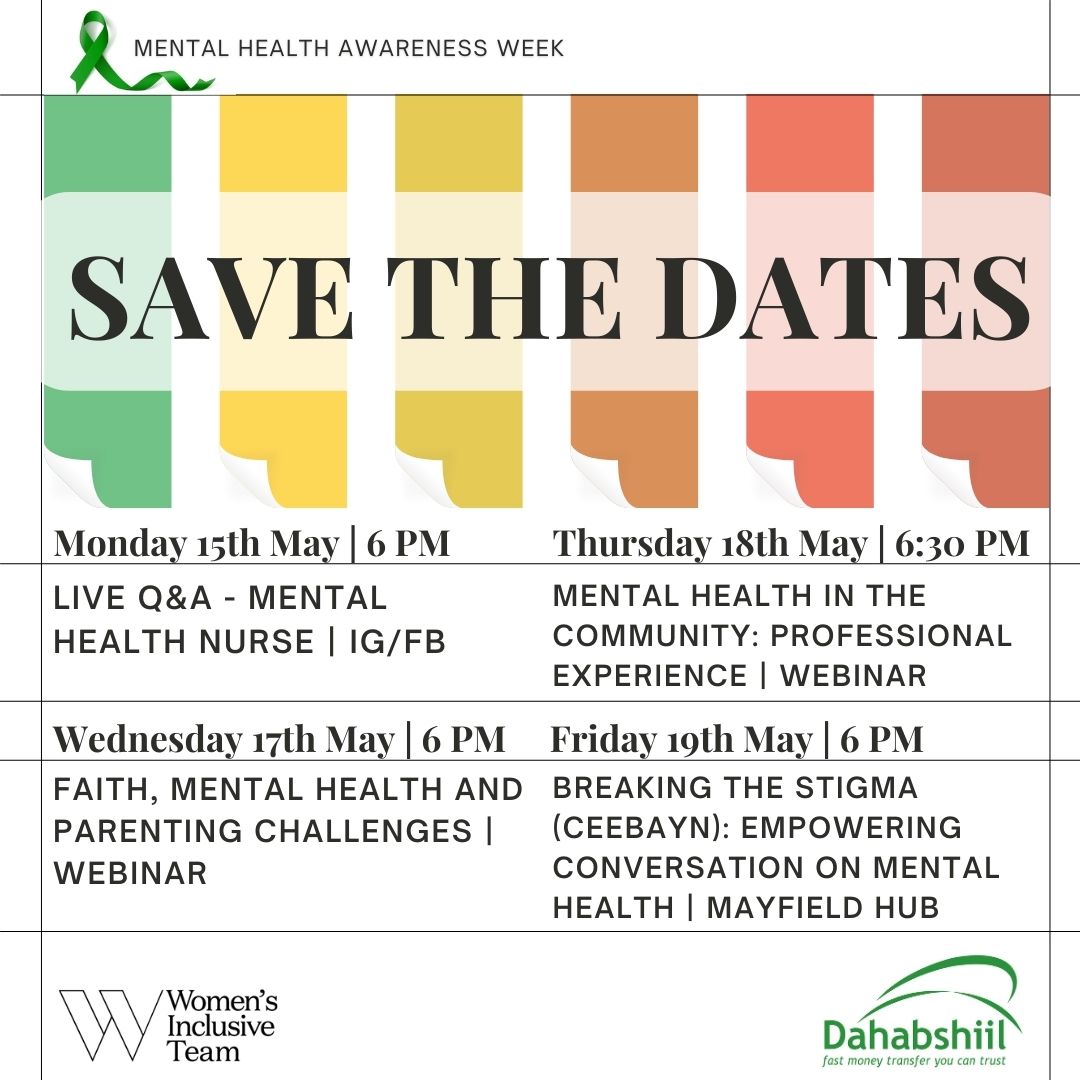 Mental Health Awareness Week key dates to share with you 💚💚💚

You can reserve your spot for the finale on May 19th via our profile or here: rb.gy/ju9qc
#TakeupMentalHealth #MentalHealthAwareness
#MentalHealthAwarenessWeek #Nafsiyada #ToHelpMyAnxiety