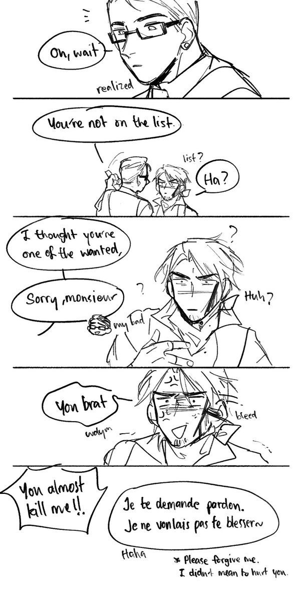 (Sketch) "I don't understand what are you saying but FUCK YOU"

This happened when Cypher still was in mercenary and Chamber just a young French gunslinger who traveled around and hunted some wanted men for rewards and for fun(…) 