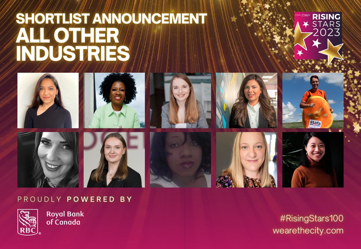 WeAreTheCity's tweet photo. ⚡️ SHORTLIST ANNOUNCEMENT!

Meet this year's #RisingStars100 Shortlist for our All Other Industries Category, powered by @RBC! 💜✨

You can show your support by voting today until 16th May 🥳

https://t.co/kucAaf77Cf https://t.co/bQPDSFyV3q