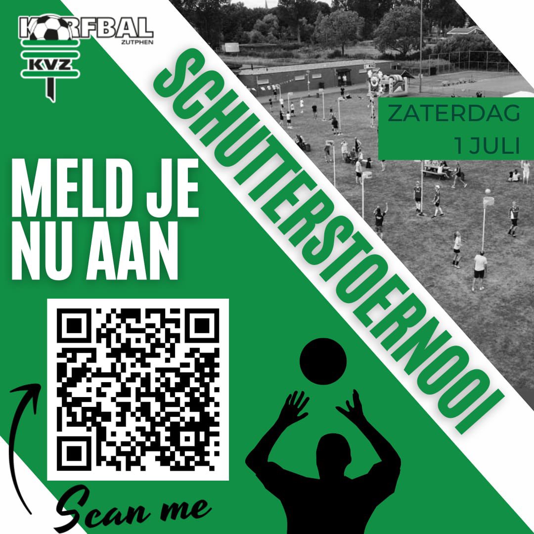De aanmeldingen voor het schutterstoernooi van 1 juli 2023 zijn geopend!
Meld jezelf en je schuttersmaatje nu aan via deze link: forms.gle/hn4qUUArxv3a2K… of scan de QR-code in het clubhuis. In het clubhuis hangen ook nog de papieren inschrijflijsten.
#schutterstoernooi #kvzkorfbal