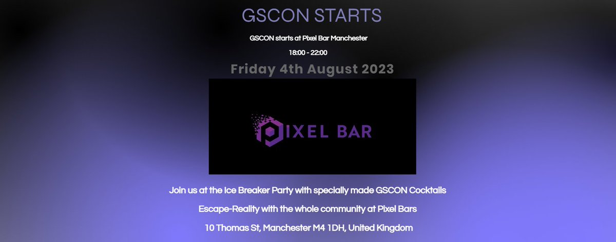 GSCON_'s tweet photo. GSCON 2023 Starts at @PixelBars 
Friday 4th August 2023 
18:00 - 22:00 

Where the famous GSCONTAIL will be available. 

Who will be joining us for the Ice Breaker Party.

Meet the community / Friends and Fellow Creators before the main event. 

#GSCON #party #gamer 

https://t.co/NyvNOTQXNU