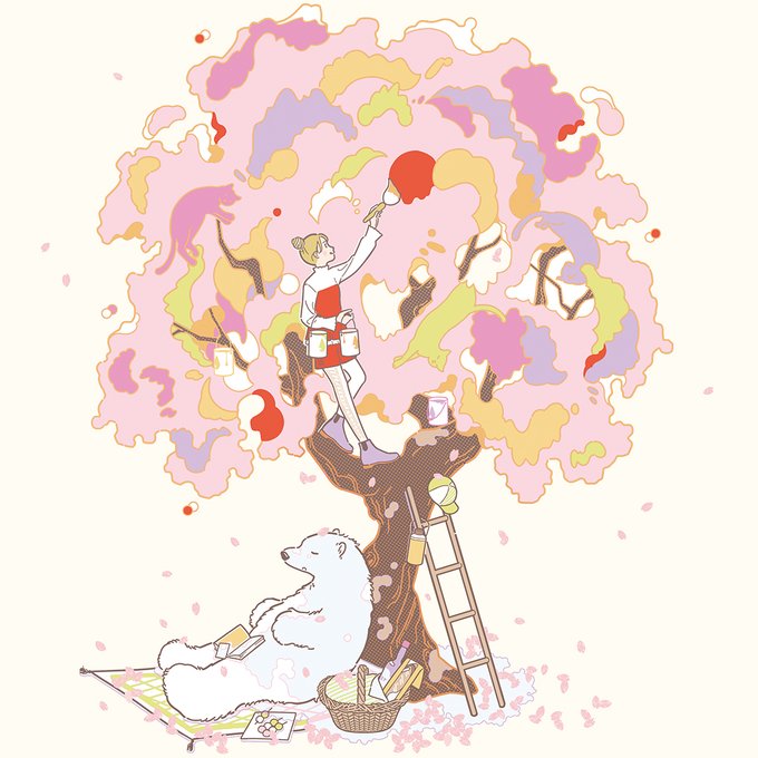 [Works] シヤチハタさんの社内報4月号の表紙を担当しました  桜の中にひそむゆったりした猫と、 しろくまに落ちる影がポイントです。