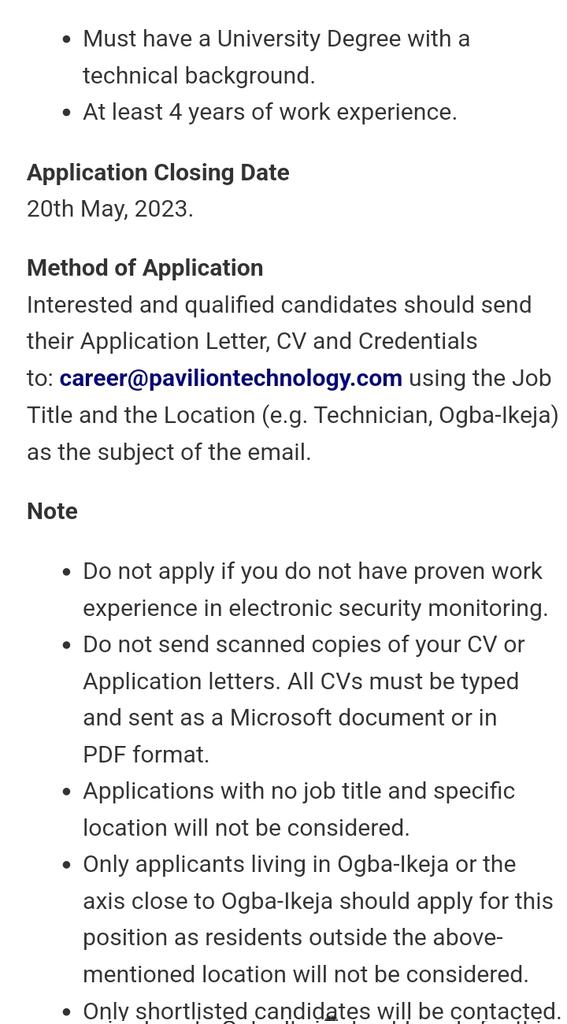 Job Role: Technician

Interested and qualified candidates should send their Application Letter, CV and Credentials to: career@paviliontechnology.com using the Job Title and the Location (e.g. Technician, Ogba-Ikeja) as the subject of the email.

#Jobs #CoronationConcert #vacancy