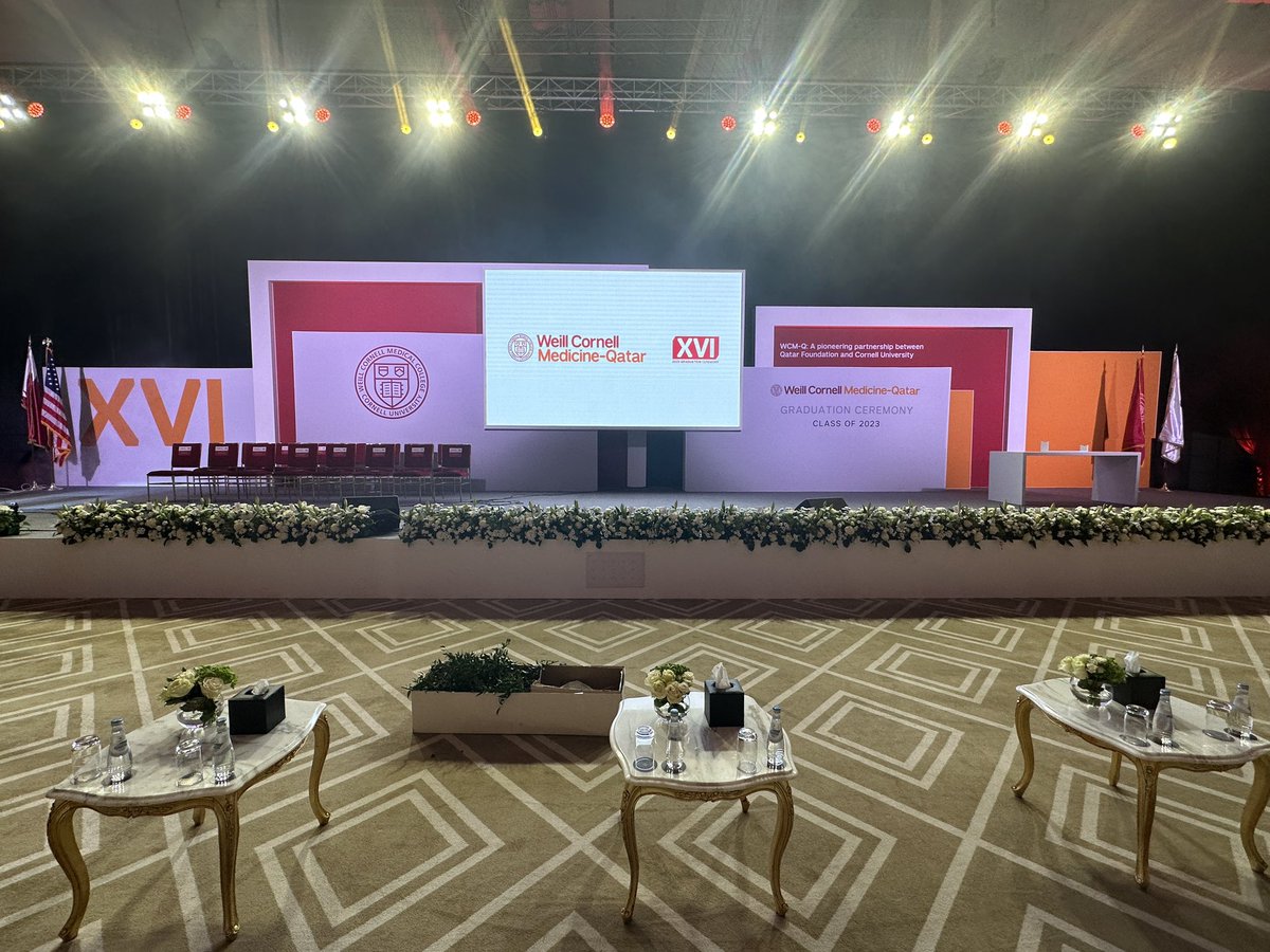 WCMQatar's tweet photo. #WCMQ graduation ceremony starting soon at 7:00pm (GMT+3). To access the livestream visit: https://t.co/POGHaeAHNw
#Cornell #Qatar #Doctors #Class2023 #WCMQ_Grad #WCMQGraduation https://t.co/fZEhO2wcI8