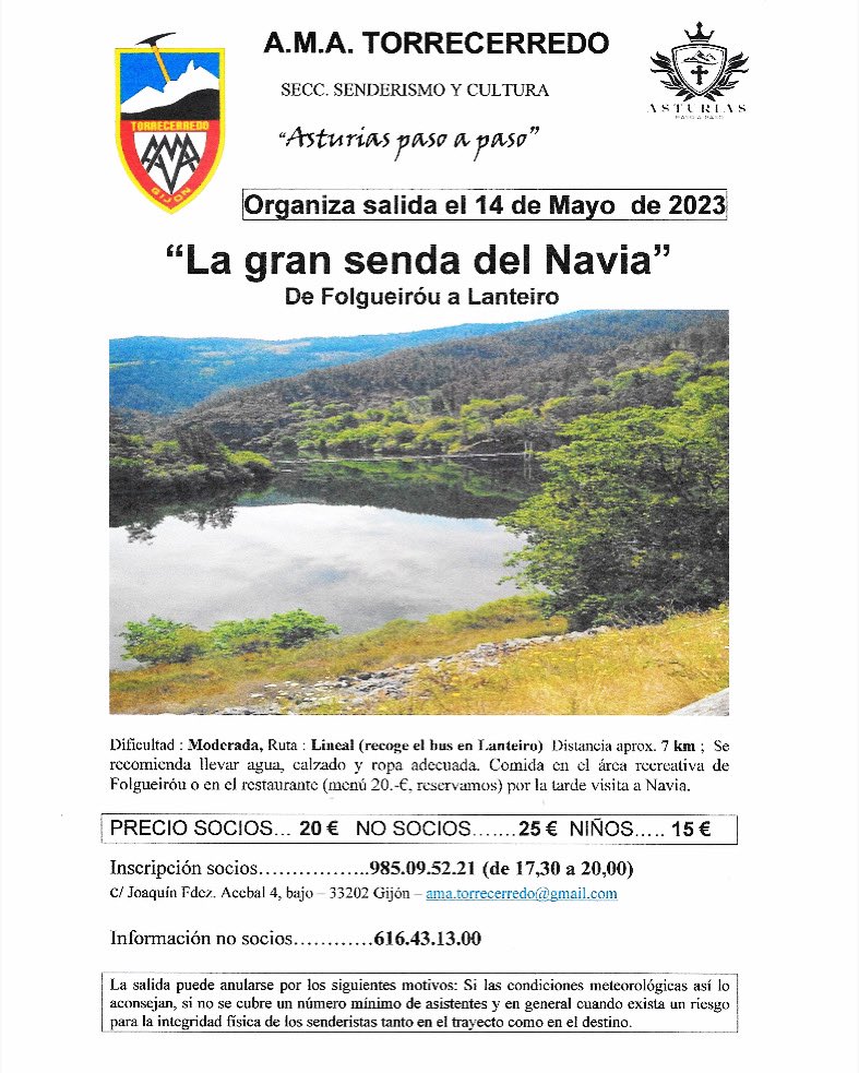 Próxima salida de nuestra sección de senderismo 𝐀𝐬𝐭𝐮𝐫𝐢𝐚𝐬 𝐏𝐚𝐬𝐨 𝐚 𝐏𝐚𝐬𝐨.

Domingo 14 de mayo. 

📍La gran senda del Navia, de Folgueiróu a Lanteiro.

🔸Dificultad : Moderada 
🔸Ruta : lineal ( recoge bus en Lanteiro) 
🔸Distancia aprox. 7 km
