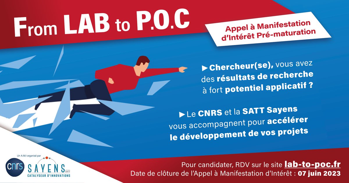 🔔 J-30 [ FROM LAB TO POC ]
Chercheur(se), vous disposez de résultats ou des projets à potentiel d’application ? Le <a href="/CNRS_Centre_Est/">CNRS Centre-Est</a> et <a href="/SATT_SAYENS/">SATT_SAYENS</a> s’associent et lancent un Appel à Manifestation d’Intérêt Pré-maturation (A.M.I).
Pour candidater : 👉 lab-to-poc.fr