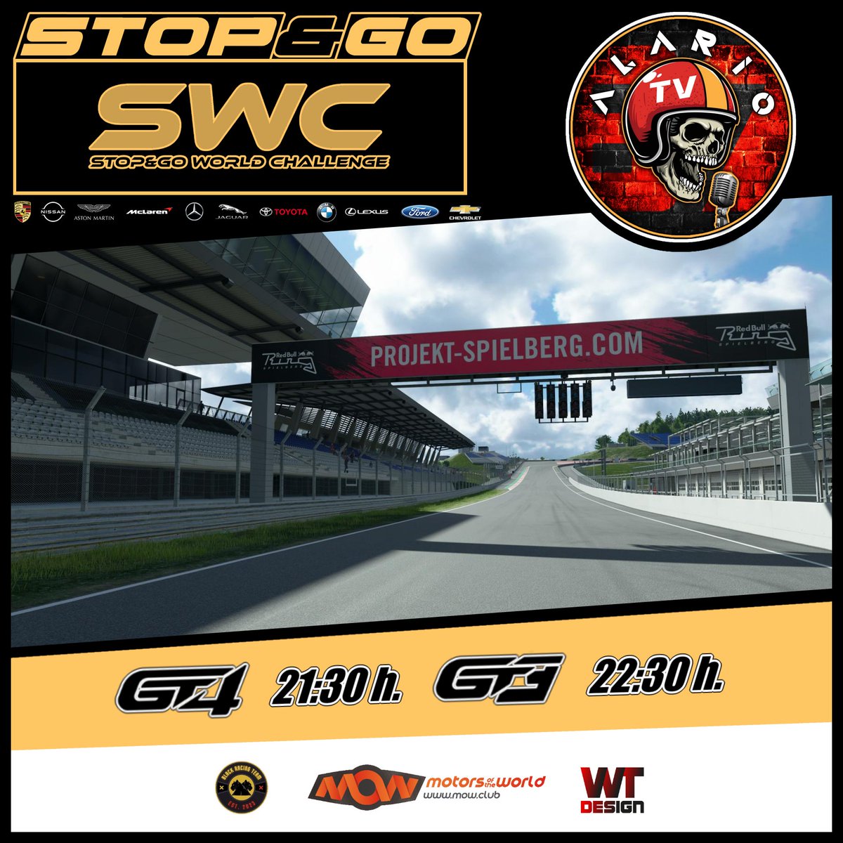 📌 Stop&amp;Go Simulación
📆 Martes 09/05/2023
🏆 5ª Jornada III SWC
💊 <a href="/MotorsWorld/">mow.club</a> | <a href="/black49297/">Alexander Black</a> | <a href="/wearteamdesign/">wear_team_design</a>
🏁 Red Bull Ring
🏎️ 28 Escuderías y 11 Fabricantes
⏰ 21:30h. GT4
⏰ 22:40h. GT3
🎙️ <a href="/alario1987/">Alario87 TV</a>
📺twitch.tv/alario87tv

#OnlyForBraves