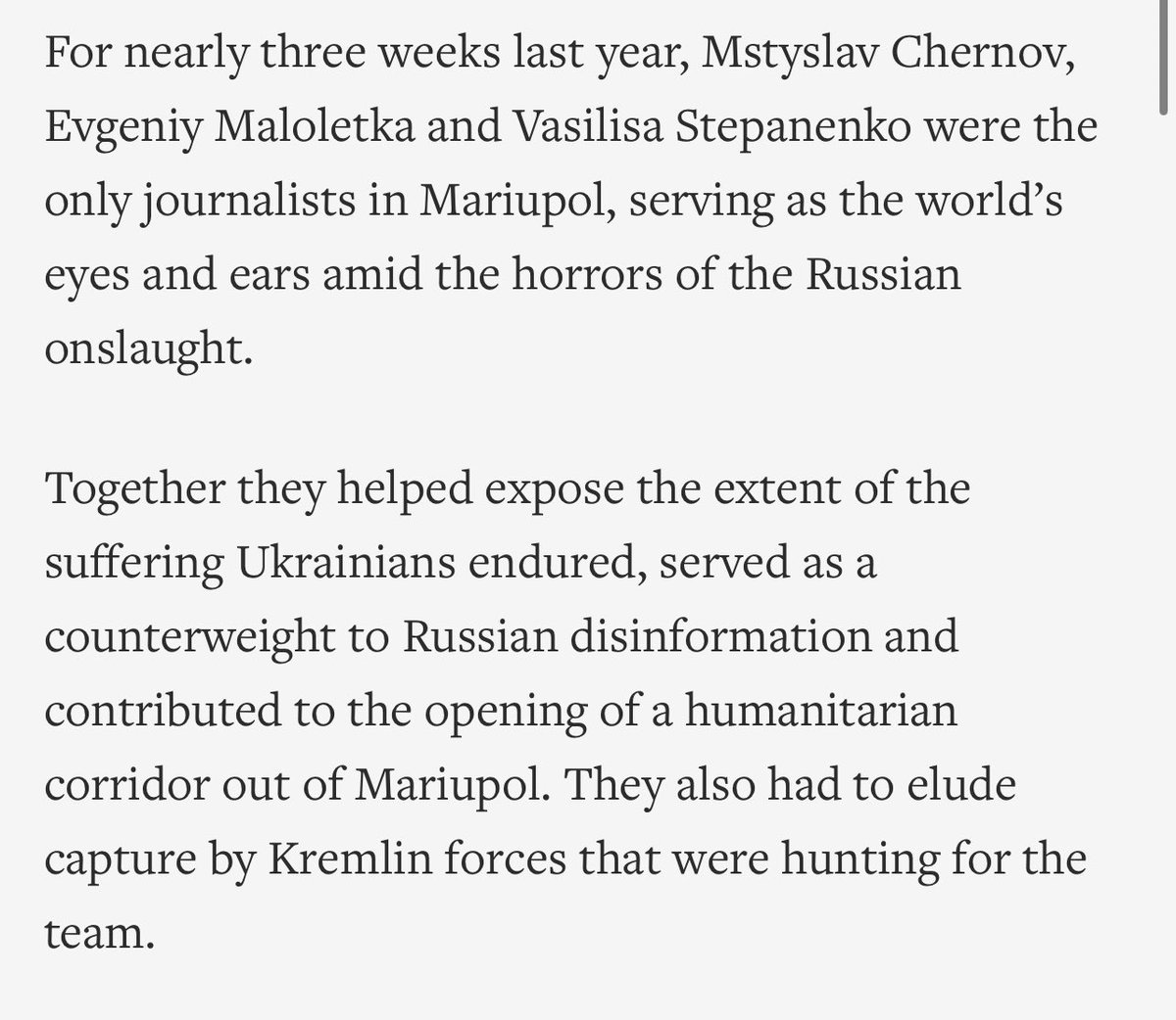 vashaperemoha's tweet photo. 🇺🇦 UKRAINIAN JOURNALISTS WIN #PULITZER PRIZE! 
For their coverage of the war, including in #Mariupol. I can’t describe feelings, because I’m so proud of,  I’m incredibly proud of! 
Congratulations! Proud of you! 

This is how it should work!
And I’m so lucky to know you! https://t.co/iWmXxNk3CK