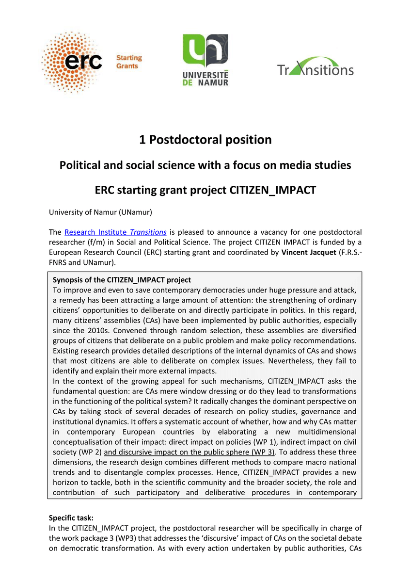 Citizen__Impact's tweet photo. 📢 Postdoctoral fellowship @UNamur, Belgium 
NEW @ERC_Research CITIZEN_IMPACT project
📰Topic: The discursive impact of citizens assemblies (Fields: political communication, democratic innovations, media studies)
⏱️Deadline: June 9, 2023
More info : https://t.co/AYkcrbQfdY https://t.co/pry3VsPzDu