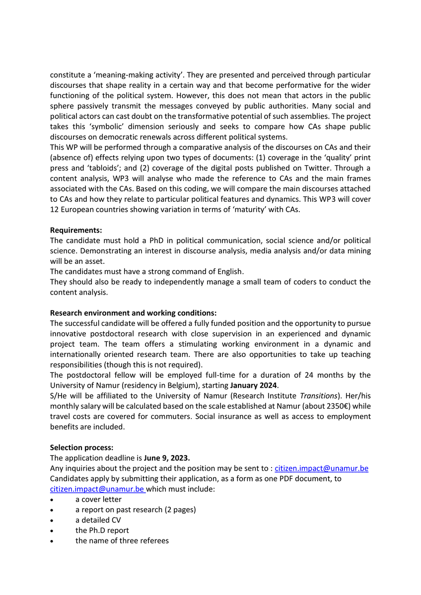 Citizen__Impact's tweet photo. 📢 Postdoctoral fellowship @UNamur, Belgium 
NEW @ERC_Research CITIZEN_IMPACT project
📰Topic: The discursive impact of citizens assemblies (Fields: political communication, democratic innovations, media studies)
⏱️Deadline: June 9, 2023
More info : https://t.co/AYkcrbQfdY https://t.co/pry3VsPzDu