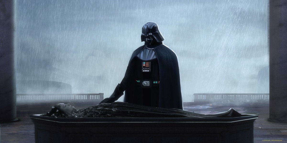 As the empire took Naboo, the dark lord paid a visit to Padmé's mausoleum while it rained, overlooking her tomb.

"I'm sorry I couldn't save you, Padmé...this was all my fault.."

He exclaimed softly as he took some breaths within his mask's respiratory system.