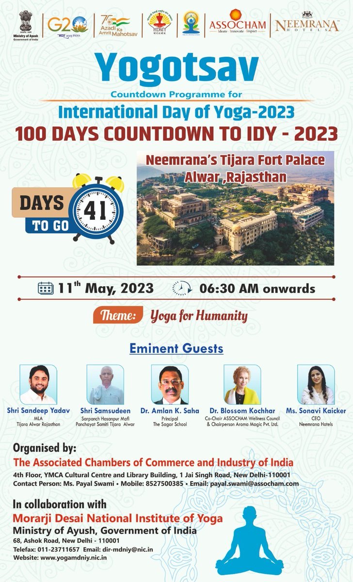 ASSOCHAM4India's tweet photo. 🧘‍♀️🧘‍♂️ Mark your calendars for Yogotsav - Countdown Programme for #IntlDayofYoga at @Neemranas_Hotels, Tijara Fort Palace, organized by #ASSOCHAM &amp; @mdniy.  We invite you to join us for a meaningful discussion on the theme "Yoga for Humanity.

🗓️11 May
📍Alwar

@g20org, @moayush https://t.co/pQYRtY9Nsu