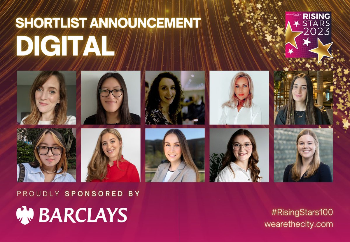 WeAreTheCity's tweet photo. ⚡️ SHORTLIST ANNOUNCEMENT!

Meet this year's #RisingStars100 Shortlist for our Digital Category, sponsored by @BarclaysUK! 💜✨

You can show your support by voting today until 16th May 🥳

https://t.co/kucAaf7FrN https://t.co/Myjmmpd6LQ