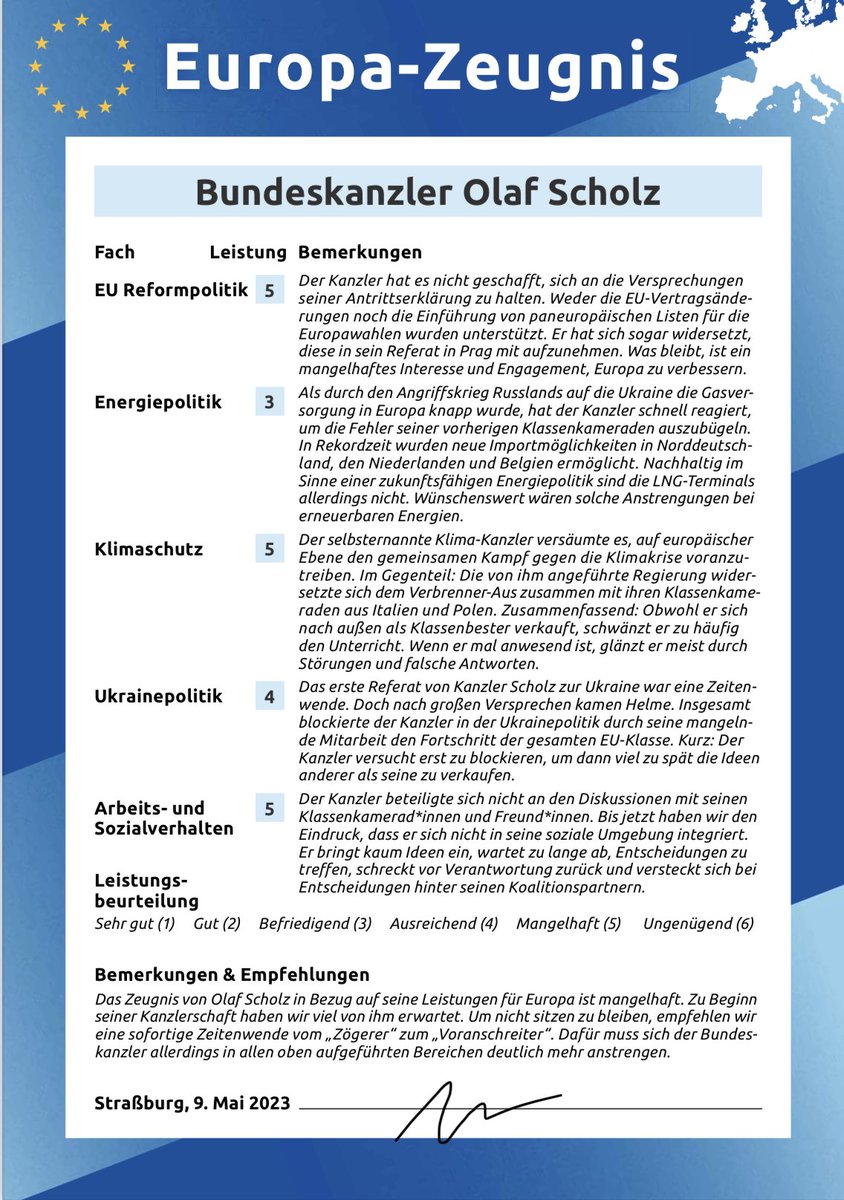 Damian Boeselager (@d_boeselager) on Twitter photo Happy #EuropeDay! Heute ist Kanzler #Scholz in Straßburg & wir von <a href="/VoltDeutschland/">Volt Deutschland</a> haben ihm ein #Zeugnis ausgestellt!
Aber ob er sich damit nach Hause traut? Wir empfehlen ihm dringend, sich mehr anzustrengen, um nicht sitzen zu bleiben 👇🏽 /1 Happy #EuropeDay! Heute ist Kanzler #Scholz in Straßburg & wir von <a href="/VoltDeutschland/">Volt Deutschland</a> haben ihm ein #Zeugnis ausgestellt!
Aber ob er sich damit nach Hause traut? Wir empfehlen ihm dringend, sich mehr anzustrengen, um nicht sitzen zu bleiben 👇🏽 /1