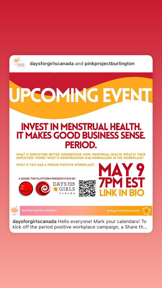 changingtheflow's tweet photo. We love collabs! @daysforgirlsca1 and #PinkProjectBurlington with a lovely post for tonight’s Invest in Menstrual Health webinar. ❤️
Join us for a preview of what’s coming to workplaces in Canada (and the world): https://t.co/YzVHDNLCib https://t.co/c5GJvR0eRV