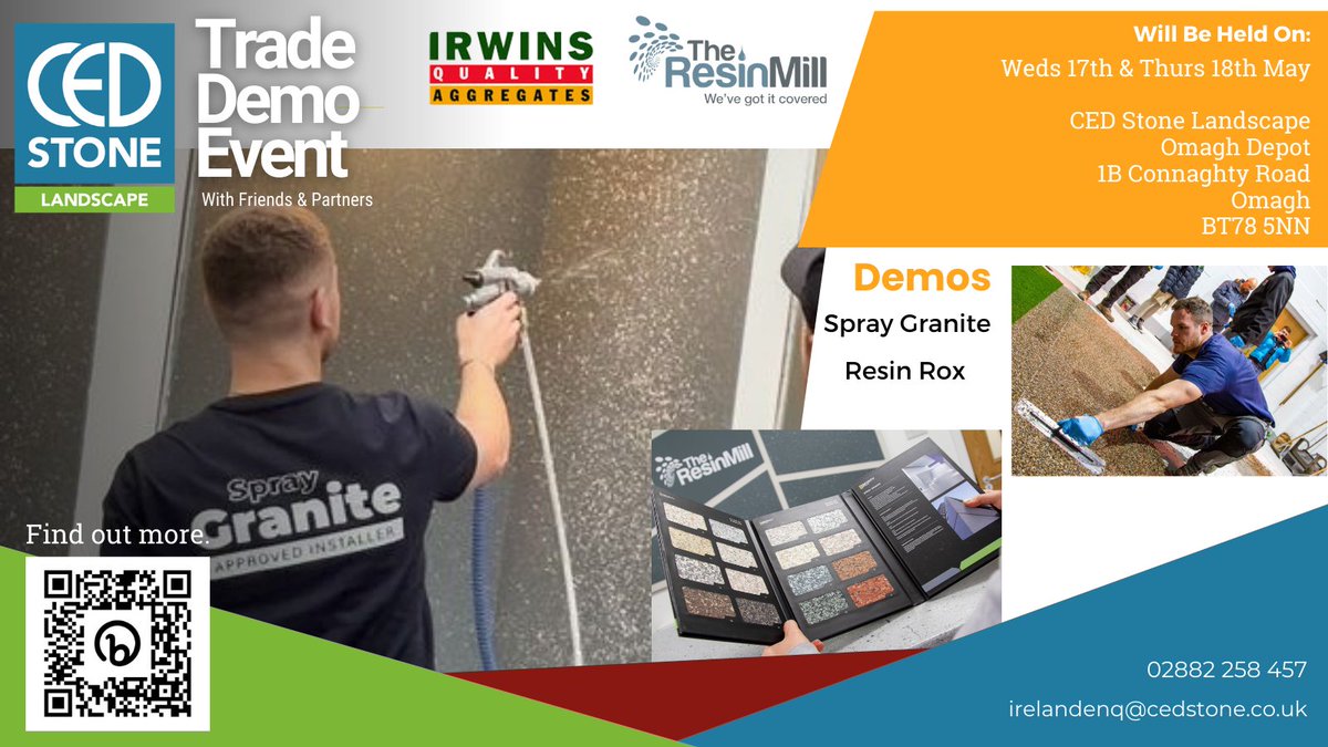CEDStoneGroup's tweet photo. Our Ireland Depot, together with
@IrwinsAggregate is hosting a demo event showcasing @TheResinMill Spray Granite &amp; Resin Rox application.  The event is free to attend and there will be some great discounts and special offers available.  

Booking required https://t.co/PfBHctnHJM https://t.co/1TH3tDQ9v2