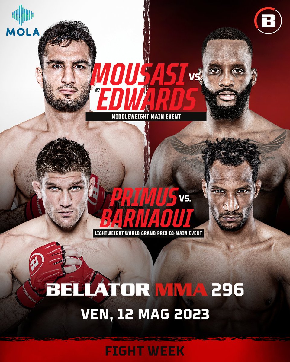 Fight week di <a href="/BellatorMMA/">Bellator MMA</a>: venerdì #Solli sfiderà #Hill all'Accord Arena di Parigi 🔥🇮🇹

Quarto di finale del #WorldGrandPrix tra <a href="/brentprimus155/">Brent Primus</a> e <a href="/Mansourbarnaoui/">Mansour Barnaoui</a> e main event tra <a href="/fabianedwards24/">The assassin</a> e <a href="/mousasi_mma/">Gegard Mousasi</a> 🥊

Venerdì a partire dalle 17.30 su #Mola 📲

#Bellator296 #MMA