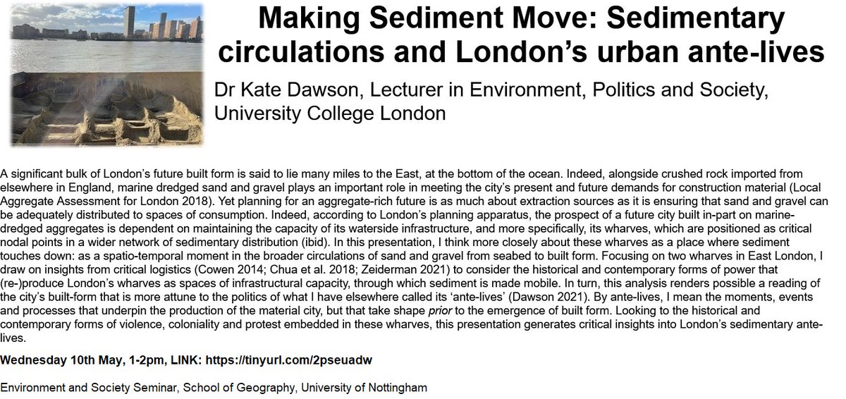 Tom Cowan (@termcern) on Twitter photo Really excited to host <a href="/KateEDaws/">Kate Dawson</a> talk on
"Making sediment move: sedimentary circulations and London's urban ante-lives" tomorrow at 1pm - all welcome, join online tinyurl.com/2pseuadw <a href="/UoNGeography/">Nottingham Geography</a> <a href="/UCLgeography/">UCL Geography</a> <a href="/LSEGeography/">LSE Geography & Environment</a> Really excited to host <a href="/KateEDaws/">Kate Dawson</a> talk on
"Making sediment move: sedimentary circulations and London's urban ante-lives" tomorrow at 1pm - all welcome, join online tinyurl.com/2pseuadw <a href="/UoNGeography/">Nottingham Geography</a> <a href="/UCLgeography/">UCL Geography</a> <a href="/LSEGeography/">LSE Geography & Environment</a>