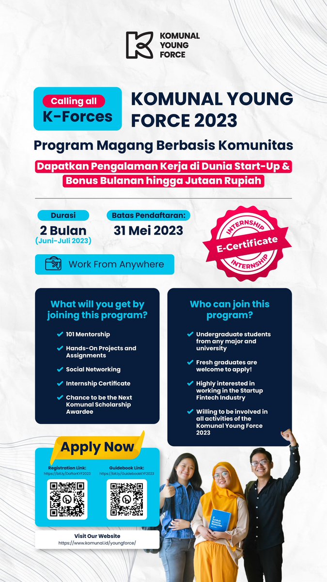 [PENDAFTARAN DIPERPANJANG]

Buat kalian mahasiswa dan fresh graduate di seluruh Indonesia, yuk daftarkan diri Anda sekarang juga dalam program Komunal Young Force 2023

Learn 🙋🏻 Grow 📈 Inspire💡

#Mahasiswa #Magang #Internship #EventMahasiswa #JobHunter #Career