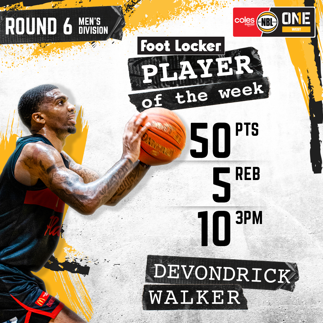 NBL1_West's tweet photo. #𝐍𝐁𝐋𝟏𝐖𝐄𝐒𝐓 𝐅𝐨𝐨𝐭𝐥𝐨𝐜𝐤𝐞𝐫 𝐏𝐥𝐚𝐲𝐞𝐫 𝐨𝐟 𝐭𝐡𝐞 𝐖𝐞𝐞𝐤 - ���𝐄𝐍’𝐒 𝐃𝐈𝐕𝐈𝐒𝐈𝐎𝐍

Congratulations to Devondrick Walker from the Rockingham Flames who is this weeks NBL1 West Footlocker Australia Player of the Week. 

🏀 50 PTS
⛹️‍♂️ 5 REB
💪 10 3PM

#nbl1west https://t.co/rWqPgQaaPP